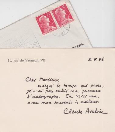 AVELINE, Claude - Carte manuscrite signe  Manuel van Loggem, avec enveloppe.