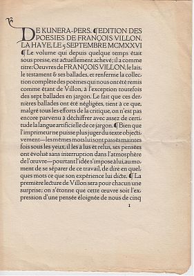 (KUNERA PERS). VILLON, Franois - (Prospectus voor Oeuvres).