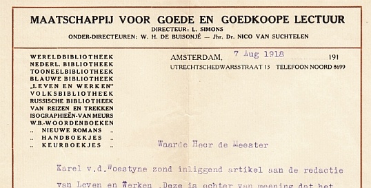 (WOESTIJNE, Karel van de). SUCHTELEN, Nico van - Getypte brief aan 'Waarde Heer [Johan] de Meester'.