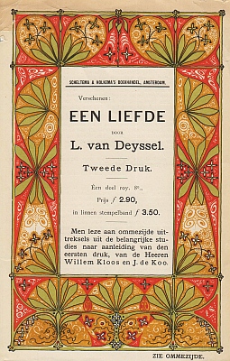 (NIEUWENHUIS, Theo). (DEYSSEL, Lodewijk van) - Jugendstil-prospectus: 'Verschenen: Een liefde door L. van Deyssel - Tweede druk.'