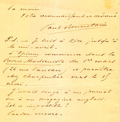 BONNETAIN, Paul - Autograph Letter Signed to an unknown correspondent in Britain.