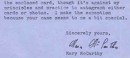 McCARTHY, Mary - Typed letter signed to a gentleman in Toronto.
