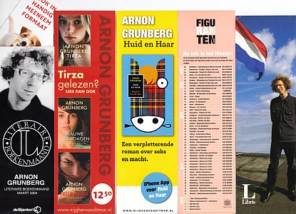 (GRUNBERG, Arnon) - Collectie van 4 boekenleggers, die reclame maken voor (uitgaven van) Grunberg (o.a. Tirza, de AKO-prijs en de Literaire Boekenmaand van De Bijenkorf).