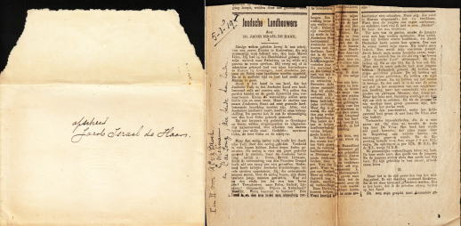 HAAN, Jacob Isral de - Twee afleveringen van De Haans feuilleton, van 5 en 8 januari 1919, in de vorm van originele krantenknipsels. In een envelop met opschrift 'afscheid Jacob Israel de Haan'. 1919.