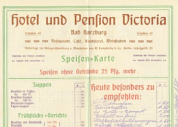MENU - Speisen-Karte fr Hotel und Pension Victoria - Bad Harzburg, 1907.