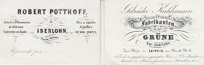 ISERLOHN - 2 Visitenkarten von Metallwarenfabrikanten in Iserlohn, Robert Potthoff und Gebrder Kuhlmann (etwa 1850).