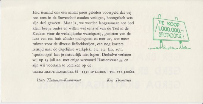 (DE UITVRETER) - Efemera: drie verhuisberichten van De Uitvreter alias Kees Thomassen.