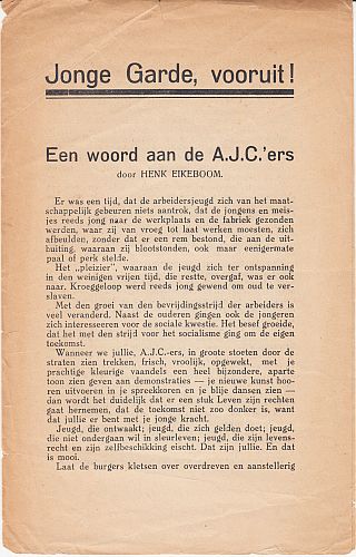 EIKEBOOM, Henk - Jonge Garde, vooruit! Een woord aan de A.J.C.'ers.