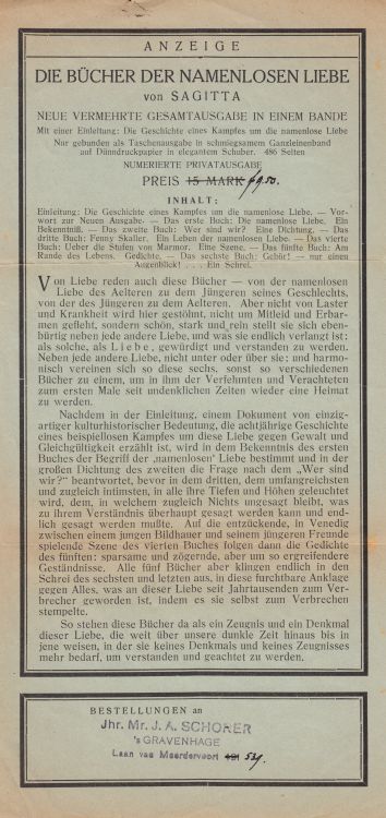 SAGITTA (= John Henry MACKAY) - Anzeige. Die Bcher der namenlosen Liebe von Sagitta. Neue vermehrte Gesamtausgabe in einem Bande.