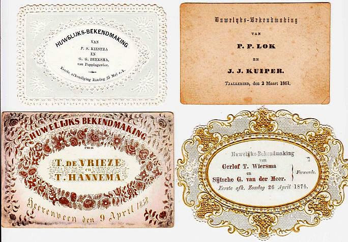 (HUWELIJKSKAARTJES FRIESLAND 1858-1891). KENNISGEVINGEN van VOORGENOMEN HUWELIJK - Collectie van 62 huwelijksbekendmakingen uit de periode 1858-1891, alle afkomstig uit de zuidelijke helft van Friesland.