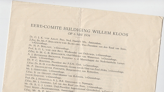 (KLOOS, Willem) - Eere-comit huldiging Willem Kloos op 6 mei 1934.
