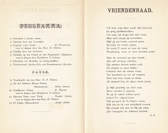 INDUSTRIESCHOOL - Programma bij het uitreiken van Medailles en Getuigschriften en het Ontslag aan leerlingen, die den driejarigen cursus hebben voleindigd aan de Industrieschool van de Maatschappij voor den Werkenden Stand op Donderdag 29 Januari 1885 in het gebouw der Maatschappij, Kloveniersburgwal No. 87 (...).