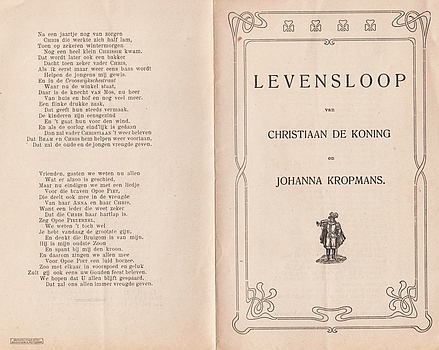 (KONING, Pieternel, Bram of Chris jr. de). HUWELIJKSPOZIE - Levensloop van Christiaan de Koning en Johanna Kropmans.