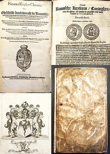 (NUMISMATICS). CHANLER, Georgius - Nieuwe Keysers Chronica ofte Gheschicht-boeck van alle de Roomsche, soo Oostersche als Westersche keyseren: Oock mede van de Tyrannen ende Rebellen, die soo hier en daer tot keysers verkozen zijn gheworden; oock eensdeels henselven daer voor opgheworpen hebben. Van Cajus Iulius Caesar, den eersten Roomschen Keyser af, tot den tegenwoordigen keyser Mathias toe. Kortelijck begrypende aller keyseren oprechte Afbeeldinghen ende Spreucken; mitsgaders hare Stammen, Verkiesinghen, Officien, Regeeringe, Houwelycken, Kinderen, Ouderdom, Doot ende Begravenisse. Ghetoghen wt de gheloofweerdichste Originele Munten, Antiquiteyten ende Autheuren te samen vergaert; door wylen den Ed.Hoochgheleerden ende Erentfesten Heere Georgius Chanler, Rector gheweest te Padua, I.V.D. Ridder van Sint Marcus, ende veler Potentaten ende Heeren Raets-Heer. Ende nu wt den Hoochduytschen in Nederlandtsche sprake doen oversetten, ende in den Druck bekosticht ende verveerdicht, door Georgius Chanler, des Autheurs Soons Sone. Interprete Iacobo Westfrisio No. Pub. Amstelredamensi.