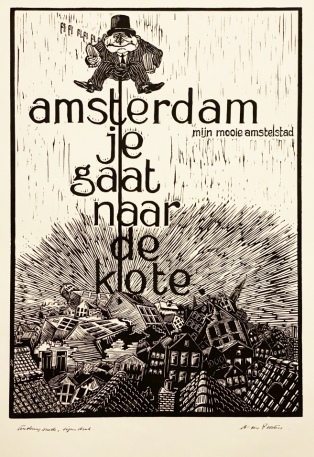 POORTEN, Co van - Amsterdam je gaat naar de klote. (En 8 andere originele linosneden in groot formaat).