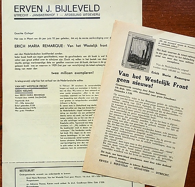 REMARQUE, Erich Maria - Van het Westelijk front geen nieuws. (4 boekhandelsfolders, Exil). (Im Westen nichts Neues - Bestellformulare).