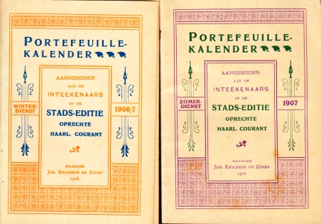 ENSCHED en ZONEN, Joh. - Portefeuille-kalender aangeboden aan de inteekenaars op de stads-editie Oprechte Haarl. Courant. Zomer- en winterdienst 1906-1907 door de uitgevers Joh. Ensched en Zonen, Haarlem.