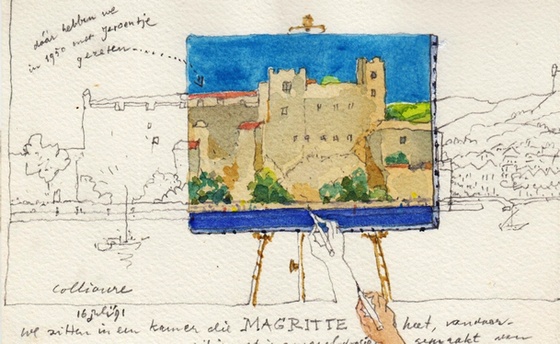 BONS, Jan - Brief aan Jean Paul Vroom met originele tekening van het kasteel van Collioure.