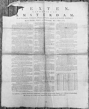 KERKDIENSTEN - Texten gepredikt te Amsterdam in de Gereformeerde, Nederduitsche, Waalsche en Engelsche, als ook in de Luthersche Kerken op den Dank, Vast- en Bededag. Den 1 Maart 1775.