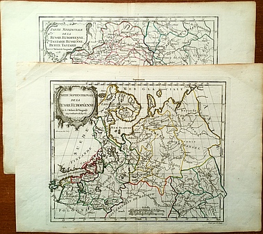 (SCANDINAVIA-RUSSIA). VAUGONDY, Robert de - Partie septentrionale de la Russie Europenne (&) Partie meridionale de la Russe Europenne, Tartarie Russienne, Petite Tartarie. (Two maps of newly conquered parts of Russia with color outlining, about 1780).