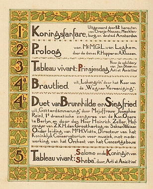 NIEUWENHUIS, Theo - Galavoorstelling in den Stadsschouwburg aangeboden aan Hare Majesteit de Koningin en aan zijne Koninklijke Hoogheid den Prins der Nederlanden, Hertog van Mecklenburg, Door de Feestcommissie.