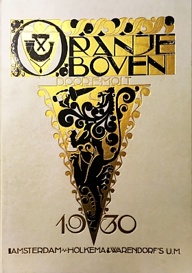 (HOEF, Chris van der / Jac. J. van GOOR). MOLT, E. - Oranje Boven. Een boek voor jong en oud, uitgegeven ter gelegenheid van den 50sten verjaardag van H.M. Koningin Wilhelmina. Gellustreerd met 24 portretten [van leden van het Oranjehuis]. (Luxe-exemplaar in verguld perkament gebonden).