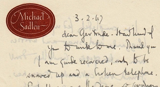 SADLEIR, Michael - Autograph Letter Signed 'Michael Sadleir' and dated '3-2-47'.