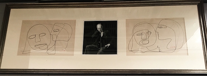 PURDY, James - Twee tekeningen en een originele foto, samen achter glas in een grote lijst.