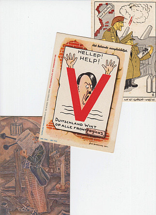 BEVRIJDINGSKAARTEN - 6 ansichtkaarten met karikaturen, uitgegeven in 1945, vlak na de Bevrijding.