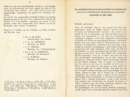 (BISSCHOPPEN). J. de JONG, aartsbisschop van Utrecht, en de bisschoppen HOPMANS, DIEPEN, LEMMENS en HUIBERS - De Aartsbisschop en de Bisschoppen van Nederland aan de hun toevertrouwde geestelijkheid en geloovigen, zaligheid in den Heer. (Herderlijk schrijven uit 1941).