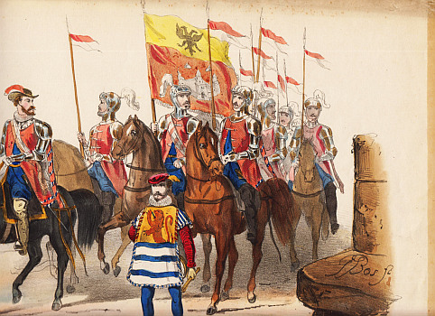 STUDENTENMASKERADE 1860 (ANTWERPEN 1582). BOS, G.J. - Gecostumeerde optogt gehouden door de leden van het Leidsche Studenten-Corps den 11den junij 1860, ter viering van den 285sten verjaardag der Leidsche Hoogeschool, voorstellende de intrede en huldiging van Frans, Hertog van Anjou, Alenon, Berry, enz. als Hertog van Braband en Markgraaf van Antwerpen, binnen Antwerpen den 19den februarij 1582. Naar de oorspronkelijke bronnen bewerkt door de commissarissen tot regeling van de maskerade, en onder hun toezigt geteekend en op steen gebragt door G.J. Bos. (Met 2 bijbehorende publicaties).