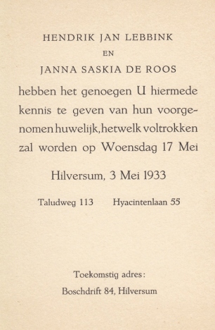 ROOS, S.H. de - Trouwkaart van Hendrik Jan Lebbink en Janna Saskia de Roos, Hilversum, 3 Mei 1933.