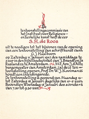 (ROOS, S.H. de). HAALBOOM, G.J. - Uitnodiging aan S.H. de Roos.