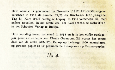 KAFKA, Franz - De gedaanteverwisseling. (Translated by Nini Brunt).