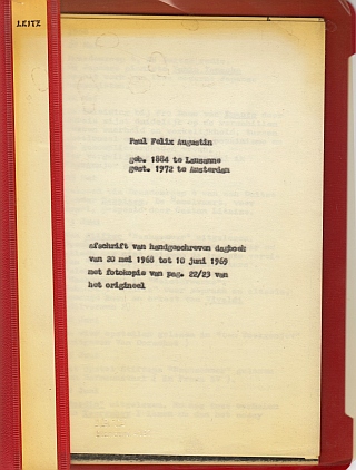 AUGUSTIN, Felix Paul - Afschrift van handgeschreven dagboek van 20 mei 1968 tot 10 juni 1969 met fotokopie van pag. 22/23 van het origineel.