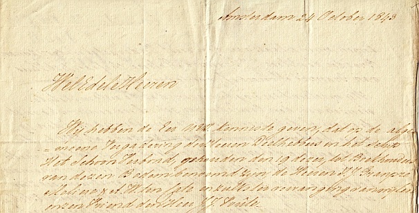 VOTE, Erven J.J. - Handgeschreven brief van I.J. Granpr Molire, J.M. Reynvaan en H.P. Witkamp aan 'de Heeren Ketwich & Voombergh, Alhier', gedateerd 'Amsterdam 24 October 1843'.