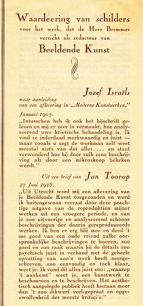(TOOROP, Jan, Tho van RIJSSELBERGHE e.a.) - Waardeering van schilders voor het werk, dat de Heer Bremmer verricht als redacteur van Beeldende Kunst.