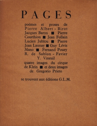 (MANO, Guy Lvis) - Pages. Pomes et proses de Pierre Albert-Birot (e.a.). Quatre images du cirque de Klein et deux images de Gregorio Prieto.