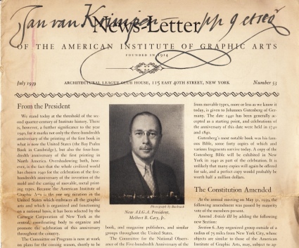 KRIMPEN, Jan van - KALLIGRAFIE In: News-Letter of the American Institute of Graphic Arts, Nr. 53, July 1939. 