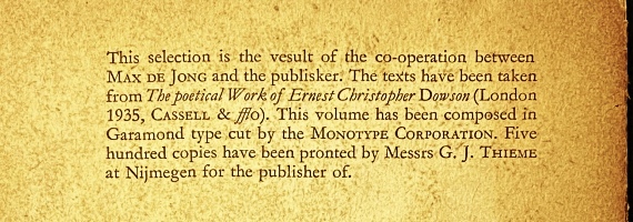 (JONG, Max de, & Huib van KRIMPEN). DOWSON, Ernest - Selected Poems. (Printer's proof of a never published Dowson edition).