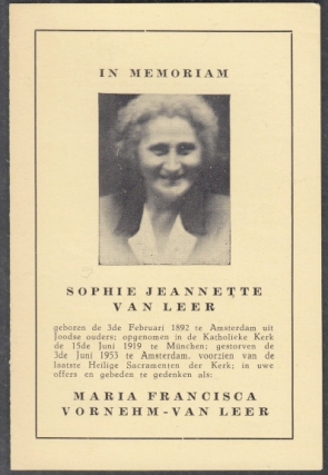 (LEER, Sophie Jeannette van) - In memoriam Sophie Jeannette van Leer. (Bidprentje).