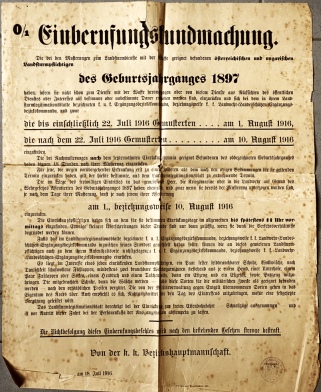 CONVOCATION NOTICE AUSTRIA - Einberufungskundmachung des Geburtsjahrganges 1897, Sankt Plten.