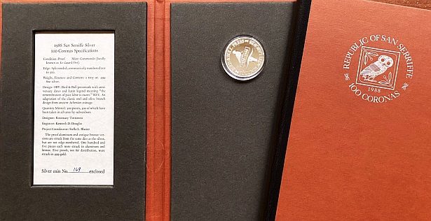 (BIBLIONUMISMATICS). MORRIS, Henry - The First Fine Silver Coinage of the Republic of San Serriffe: The Bird & Bull Press Commemorative 100 Coronas. Including an account of this legendary republic and its connection with the Bird & Bull Press. With a description of similar numismatic rarities and a 30-year checklist of work produced by the Press, 1958-1988.