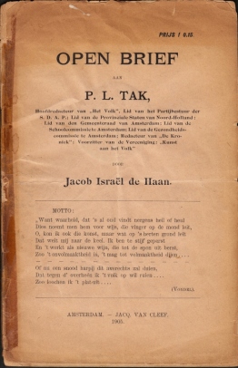 (VRIESLAND, Victor van). HAAN, Jacob Isral de - Open brief aan P.L. Tak.