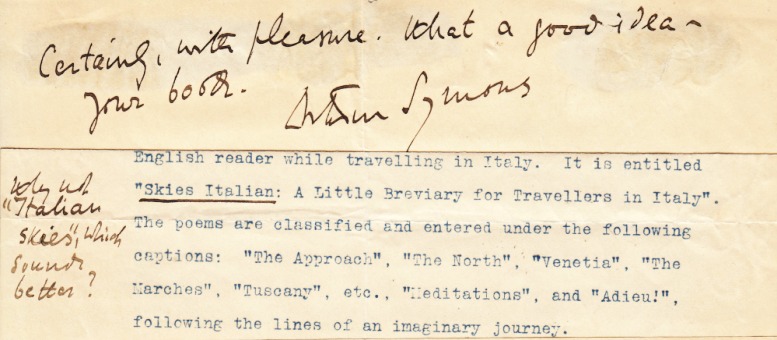 SYMONS, Arthur - Getypte brief van Ruth Shepard Phelps met een antwoord erop geschreven door Arthur Symons.