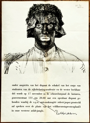 VELDHOEN, Aat - Affiche voor de Rotterdamse Rijks-Belastingacademie met rotaprent-afbeelding van Robert-Jasper Grootveld in blackface (1964).
