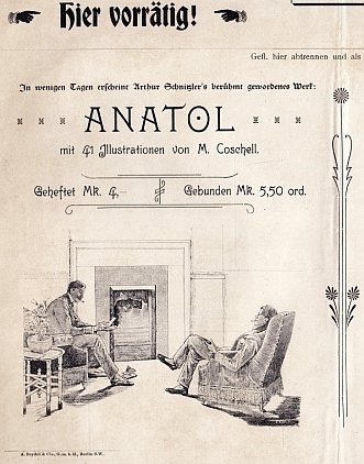 SCHNITZLER, Arthur - Anatol. Mit 41 Illustrationen von M. Coschell. Berlin, S. Fischer Verlag. (Publisher's Bookshop Poster/ Order Form).