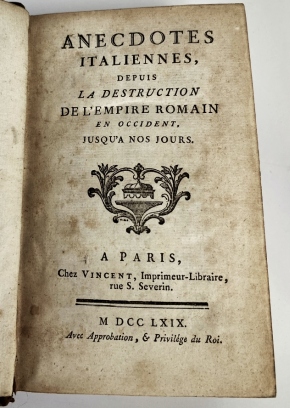 (VINCENT. ANECDOTES). LA CROIX de CASTRIES, Jean Franois de - Anecdotes Italiennes depuis la destruction de l'Empire Romain en Occident jusqu' nos jours (= Odoacer - Franois Sforza, 476-1535).