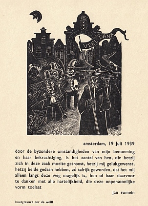 WOLFF, Cor de / Jan ROMEIN - Dankkaart met houtgravure van Cor de Wolff. Met drie andere housneden van De Wolff.