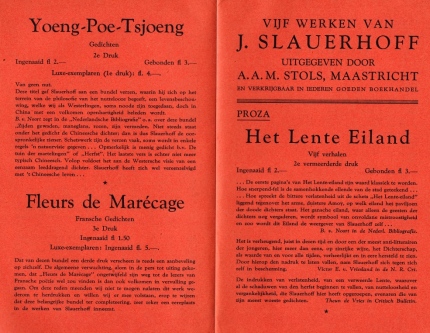 (SLAUERHOFF, J.) - 'Vijf werken van J. Slauerhoff, uitgegeven door A.A.M. Stols, Maastricht'.